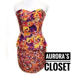 Frock Tracy Reese 4 Orange Floral Mini Dress Peplum Posey Strapless Sweetheart